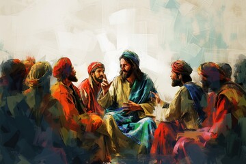 Jesus teaches people, people sit around Him. - obrazy, fototapety, plakaty