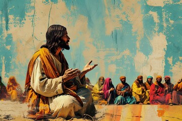 Jesus teaches people, people sit around Him.