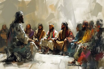 Jesus teaches people, people sit around Him. - obrazy, fototapety, plakaty