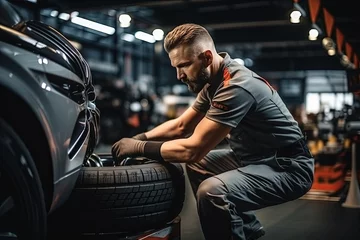 Tuinposter New car tires and Car maintenance and service center or Vehicle tire repair and replacement equipment © pixeness