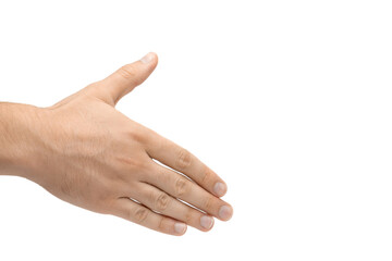 Male hand in position for handshake isolated on white background, male hand offering handshake