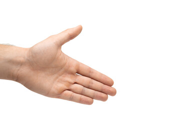 Male hand in position for handshake isolated on white background, male hand offering handshake