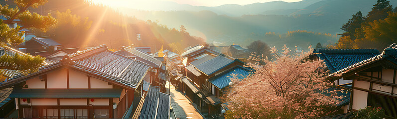 Japanese houses with pink flowers and an uncluttered landscape, with sun and shadows. Asian style.