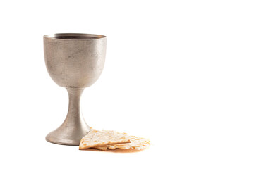 Holy Communion set in a Pewter Goblet Isolated on White Background