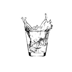 Hand drawn sketch of a glass with splashes of water. Black and white isolated illustration on white background