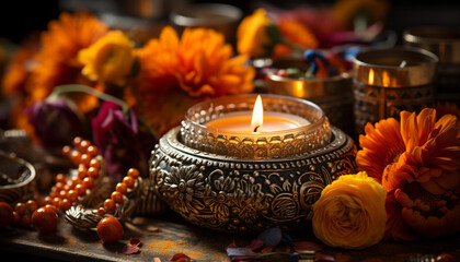 Candle flame burns, symbolizing spirituality and celebration in Hinduism generated by AI