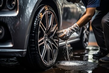Worker man car wash and auto cleaning polish or Car maintenance and service center - obrazy, fototapety, plakaty