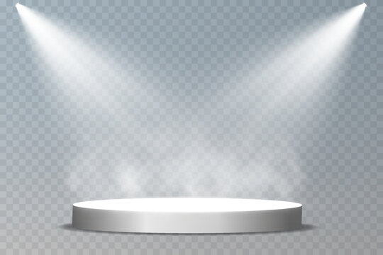Dark stage podium on transparent background, neon light from spotlight, empty dark stage and studio room with floating smoke. For product demonstrations.	