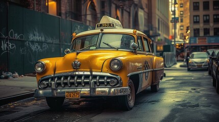 A vintage yellow taxi cruising through the streets, representing the classic Yellow Cab of yesteryears