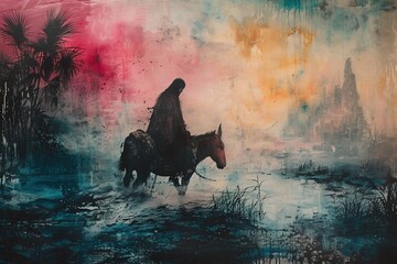 Watercolor painting of Jesus Christ riding a donkey past palm trees.