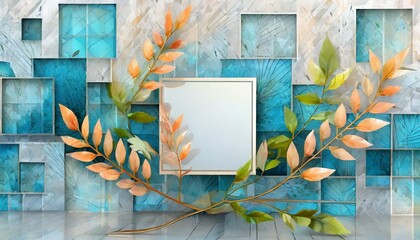 Three-dimensional background with a branch covered with leaves on a wall of blue squares with a white frame