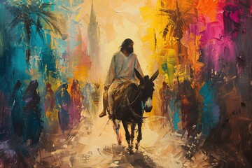Watercolor painting of Jesus Christ riding a donkey past palm trees.