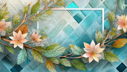 Trójwymiarowe tło z gałązką pokrytą liśćmi i kwiatami na tle ściany z niebieskich kwadratów z białą ramką