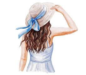 girl brunette in a summer hat on the beach in a white blue dress. Back view. Watercolor illustration isolated on white background. Clip art.