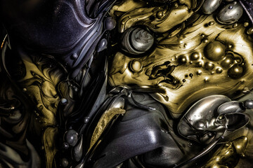 An intricate dance of metallic gold and deep black inks with bubbles creating an abstract vision of luxury and drama