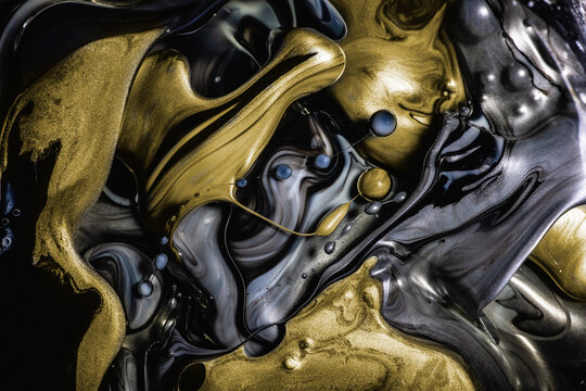 Luxurious gold and black inks meld together with bubbles, creating a rich, opulent abstract with a fluid, metallic sheen
