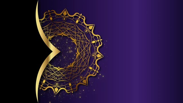 Animation of Luxury mandala background with gold frame in arabesque pattern Arabic style. Motion Graphics Video Mandala Rotating, golden particles elegant purple Background and copy space for you text