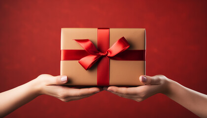 Hand holding wrapped gift box, symbolizing love and celebration generated by AI