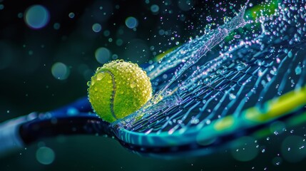 A vibrant tennis racket adorned with colorful bubbles, drenched in sparkling water drops, evoking a playful and refreshing sense of movement and joy