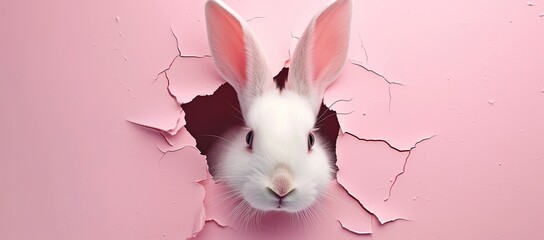 A White Rabbit Is Peeking Out Of A Hole In A Pink Wall - obrazy, fototapety, plakaty