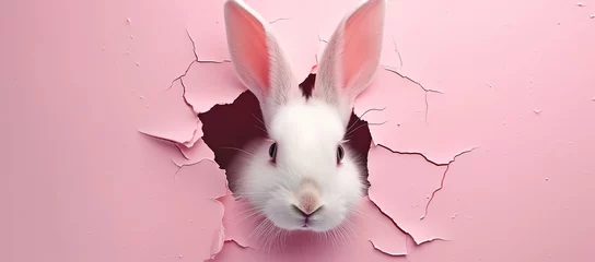 Foto op Canvas A White Rabbit Is Peeking Out Of A Hole In A Pink Wall © Odesza