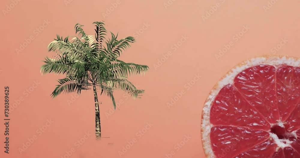 Poster composition of halved grapefruit and palm tree on red background