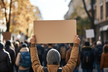 Female protester holds up blank sign in crowd. - obrazy, fototapety, plakaty
