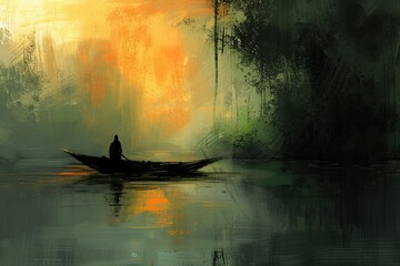 Painting of fisherman in a boat at sunrise.
