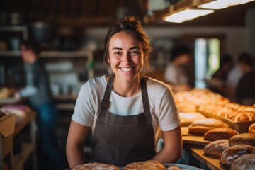 Smiling portrait of a young woman working in a bakery