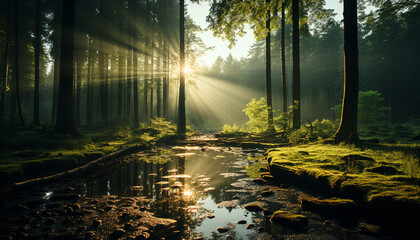 Obraz premium Tranquil scene foggy autumn forest, sunlight reflects on tranquil pond generated by AI