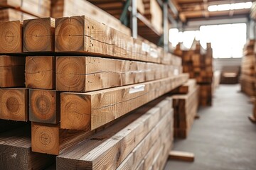 Stacked wooden beams in the warehouse.