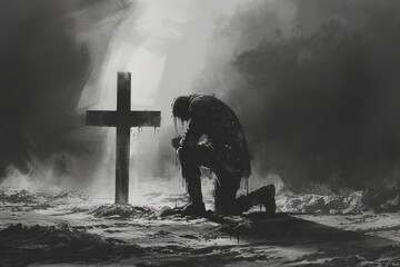 Drawing of a man kneeling at the cross. - obrazy, fototapety, plakaty
