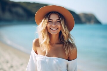 Attractive slim smiling woman on beach in summer style carefree and happy feeling freedom
