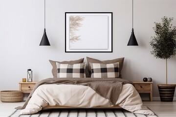Bedroom interior with mock up poster frame big bed beige bedding plaid lamp wooden stands bla
