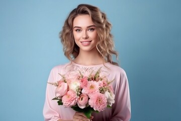 Beautiful young woman in a pink dress holds a spring pink bouquet of flowers on a blue background in the morning


