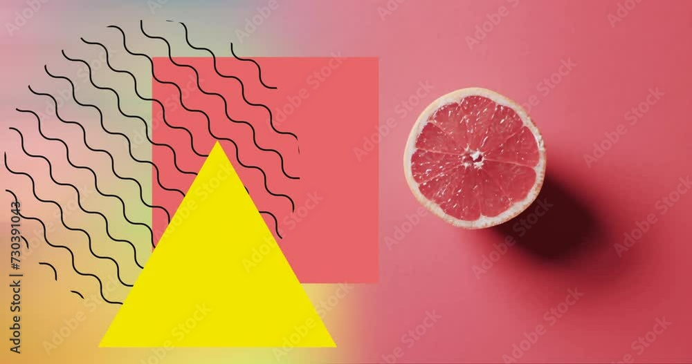 Poster composition of halved grapefruit and abstract shapes on red background
