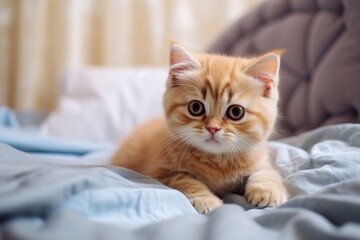 Cute funny red-haired kitten at home on a blue bed