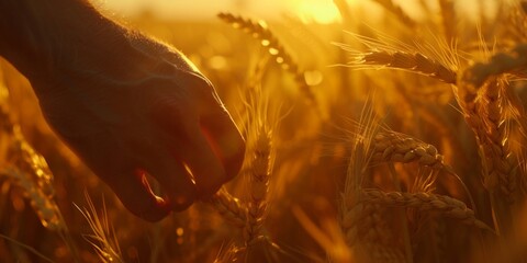 Harvest Touch: A Farmer's Hand Gently Examining the Ripe Wheat Ears in the Warmth of the Setting...