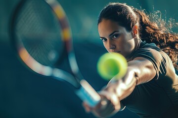Tennis female player hitting a forehand shot.  - obrazy, fototapety, plakaty
