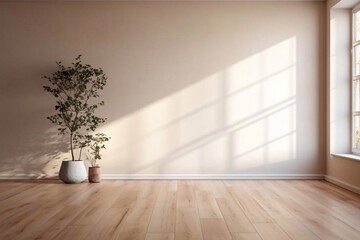 Stylish empty room with beige walls, large windows and wooden floor and a flower pot in the left corner