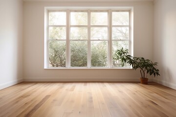 Fototapeta premium Empty room with white wall, large window and wooden floor