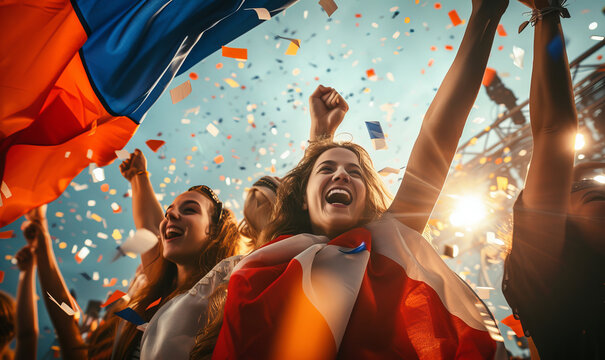 A group of people partying and cheering in celebration with the flag of france