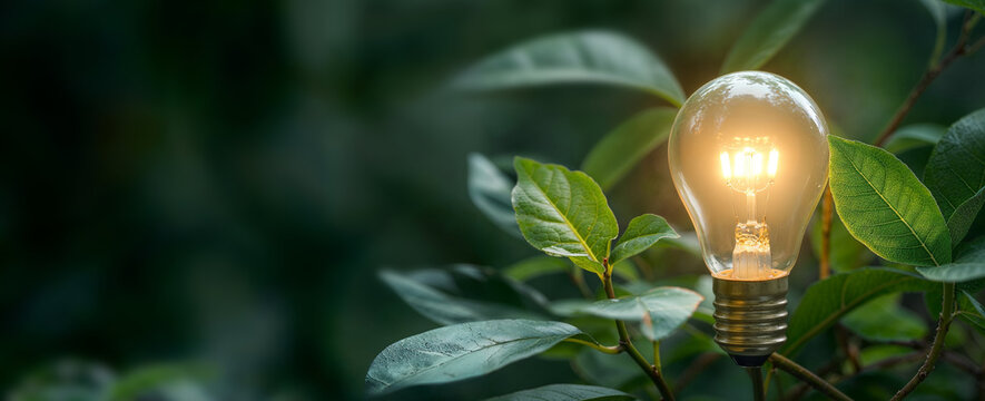 bright Light bulb with home green leaves and plants. for the concept of renewable clean energy and saving electricity bill cost using sustainable resources and consumption data