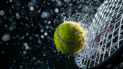 A vibrant yellow tennis ball collides with a sleek racket, sending droplets of water flying in a display of athletic prowess and outdoor recreation