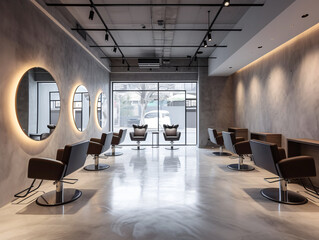 Hair salon with concrete walls and floor. There are  chairs lined up along the wall, The chairs are brown and grey, and the mirrors have lighted rings around them.