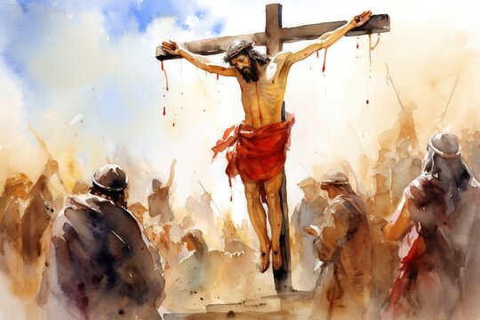 Jesus on the cross, watercolor painting.