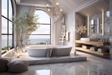 
Stylish bathroom interior design with marble panels. Bathtub, towels and other personal bathroom accessories. Modern glamour interior concept. Roof window. Template