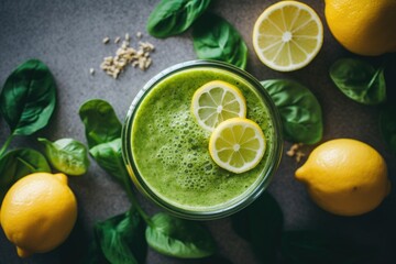 Top view of a green smoothie or shake on countertop