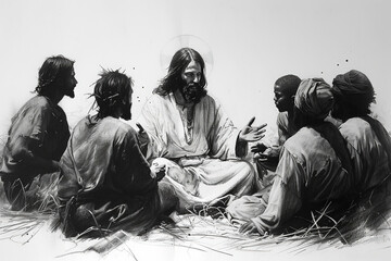 Jesus teaches people, people sit around Him. Black and white illustration. - obrazy, fototapety, plakaty