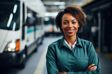 Smiling portrait of a middle aged female bus driver